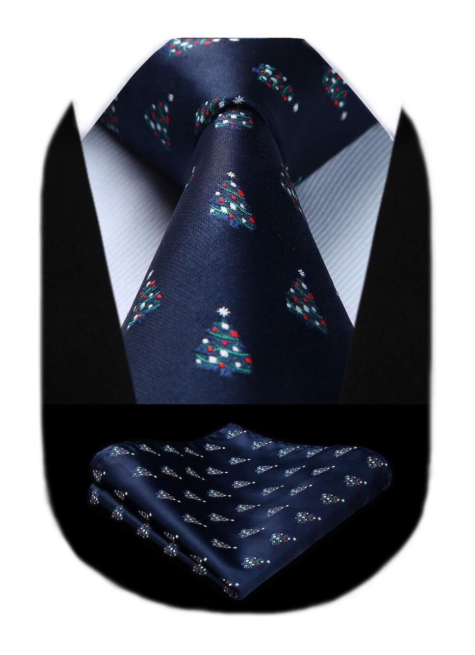 7774 Christmas Ties Holiday Festival Funny Blue Tie and Pocket Square Set